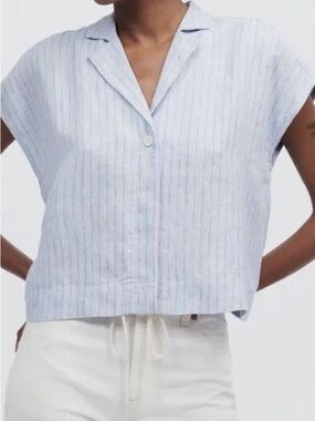 Madewell Boxy Cap Sleeve 100% Linen Power Blue Striped Top Blouse Size XL Shirt